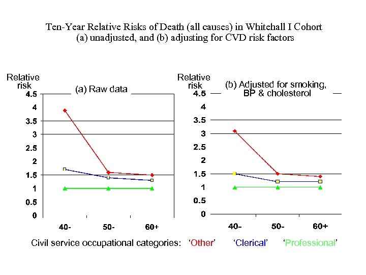 Ten-Year Relative Risks of Death (all causes) in Whitehall I Cohort (a) unadjusted, and