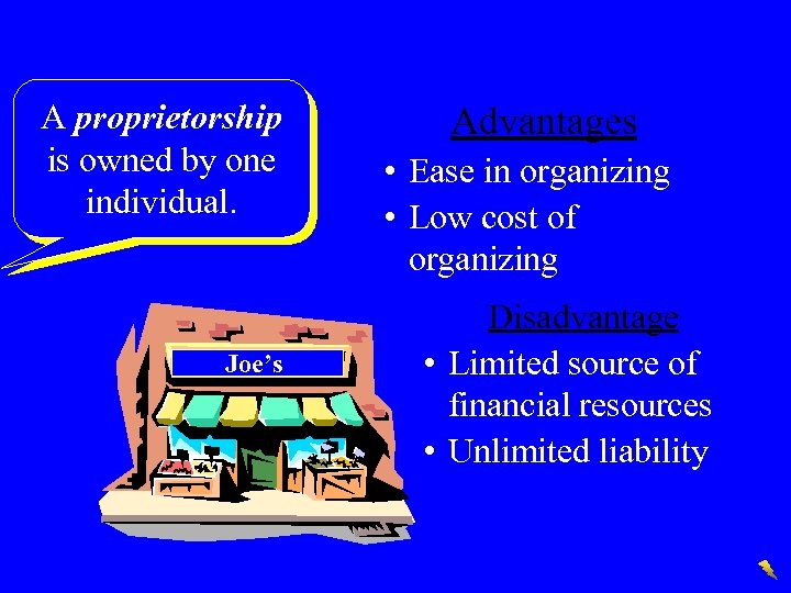 A proprietorship is owned by one individual. Joe’s Advantages • Ease in organizing •