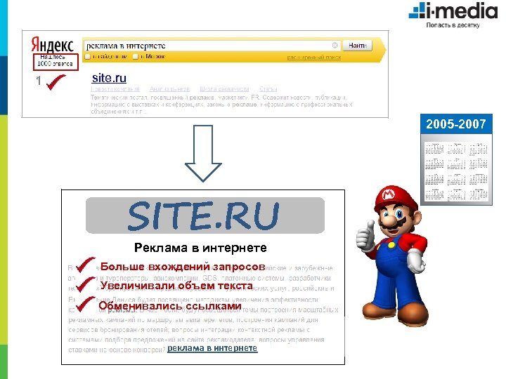 1 site. ru 2005 -2007 SITE. RU Реклама в интернете Больше вхождений запросов Увеличивали