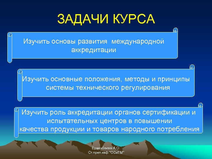 ЗАДАЧИ КУРСА Изучить основы развития международной аккредитации Изучить основные положения, методы и принципы системы