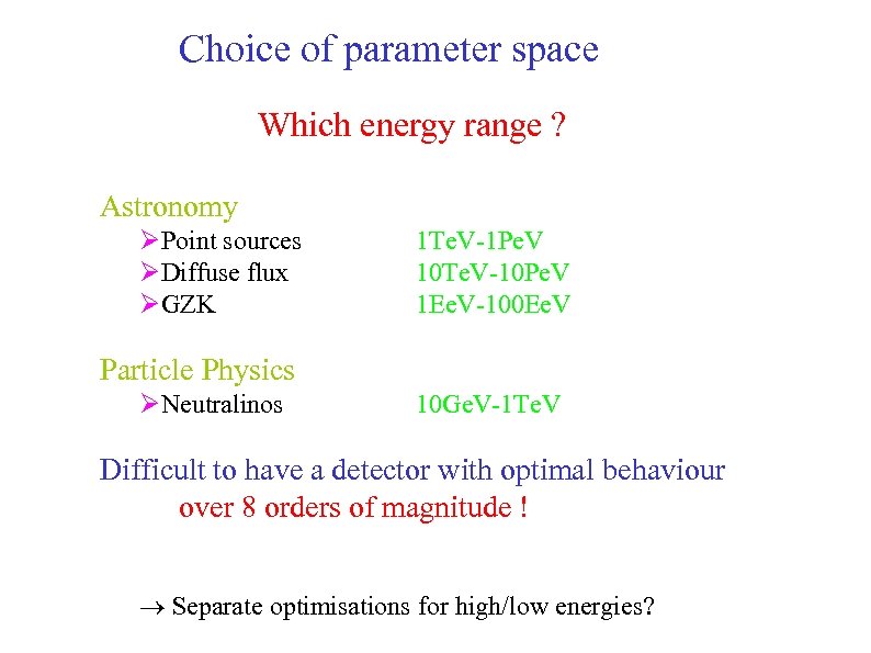 Choice of parameter space Which energy range ? Astronomy ØPoint sources ØDiffuse flux ØGZK