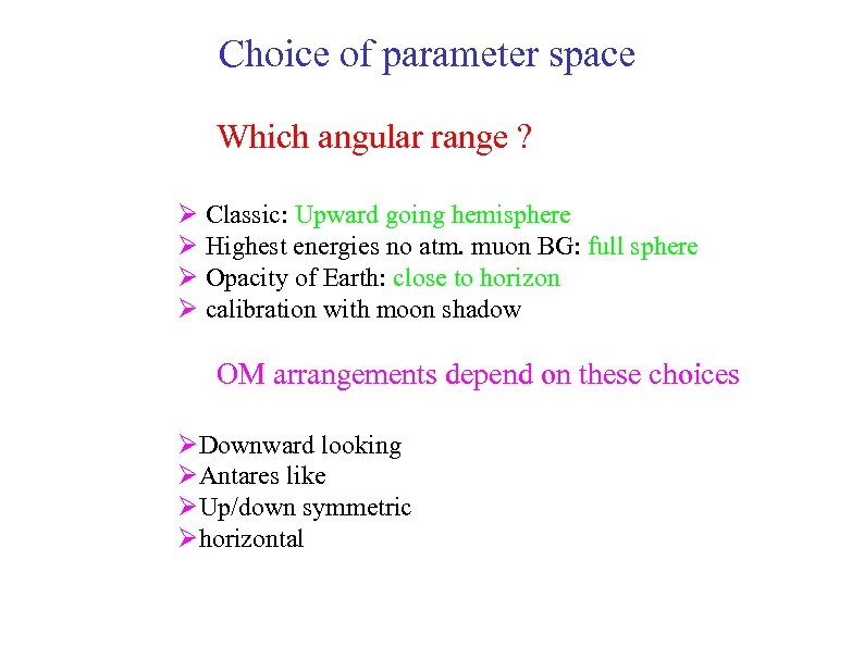 Choice of parameter space Which angular range ? Ø Classic: Upward going hemisphere Ø