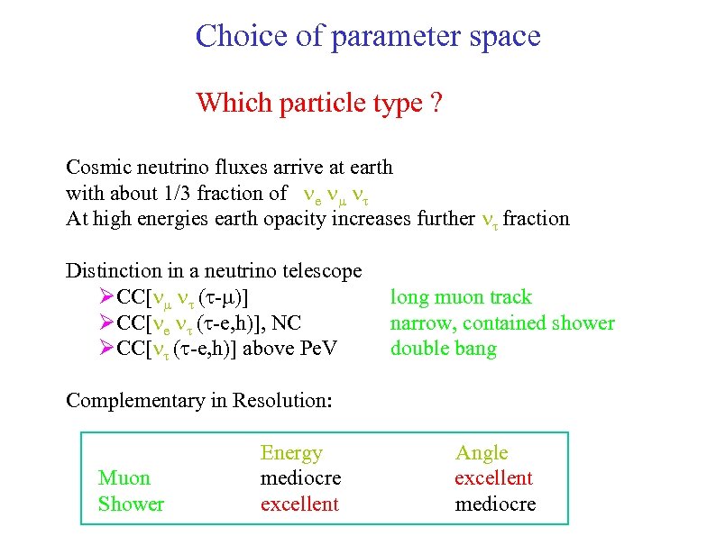 Choice of parameter space Which particle type ? Cosmic neutrino fluxes arrive at earth