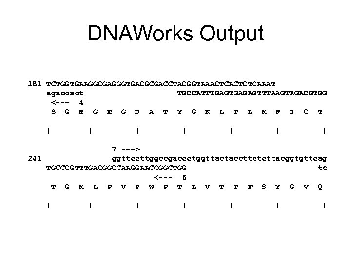 DNAWorks Output 181 TCTGGTGAAGGCGAGGGTGACGCGACCTACGGTAAACTCTCAAAT agaccact TGCCATTTGAGAGTTTAAGTAGACGTGG <--- 4 S G E G D A