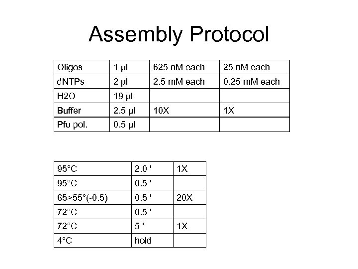 Assembly Protocol Oligos 1 μl 625 n. M each d. NTPs 2 μl 2.