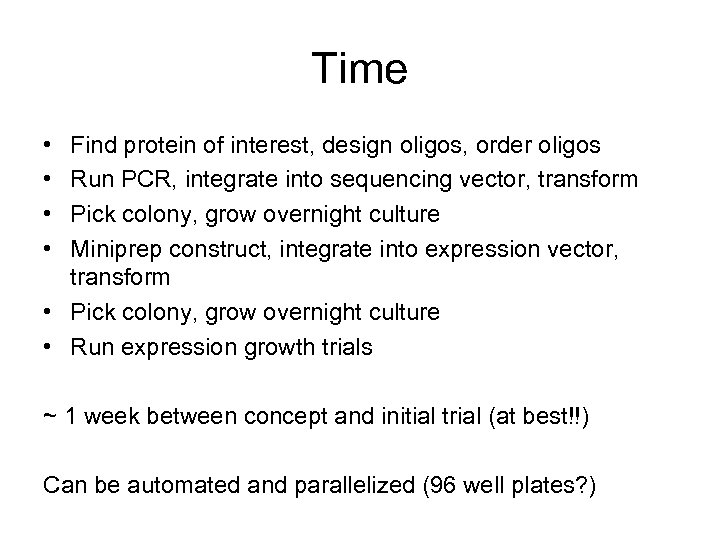 Time • • Find protein of interest, design oligos, order oligos Run PCR, integrate