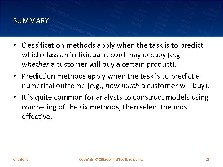 SUMMARY • Classification methods apply when the task is to predict which class an