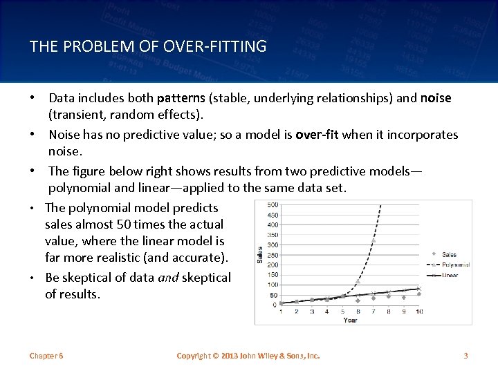THE PROBLEM OF OVER-FITTING • Data includes both patterns (stable, underlying relationships) and noise