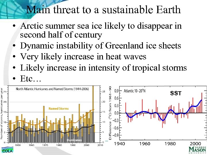Main threat to a sustainable Earth • Arctic summer sea ice likely to disappear