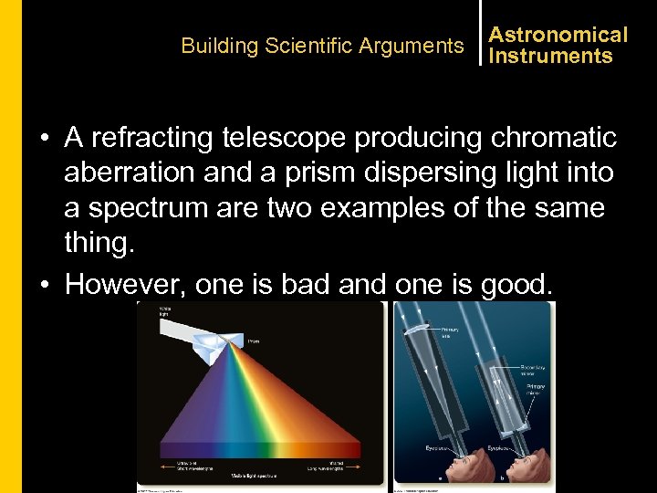 Building Scientific Arguments Astronomical Instruments • A refracting telescope producing chromatic aberration and a