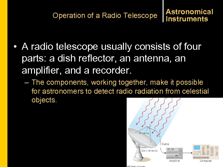 Operation of a Radio Telescope Astronomical Instruments • A radio telescope usually consists of