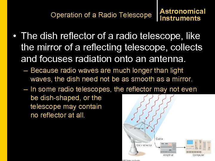 Operation of a Radio Telescope Astronomical Instruments • The dish reflector of a radio