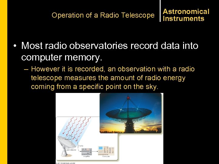 Operation of a Radio Telescope Astronomical Instruments • Most radio observatories record data into