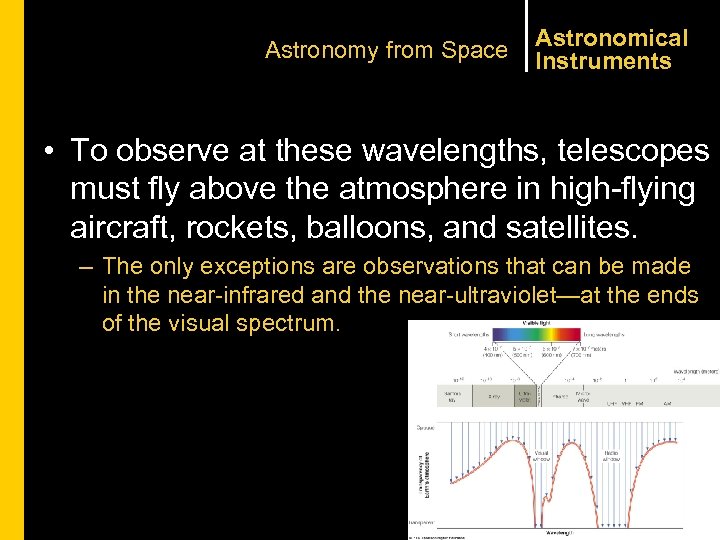 Astronomy from Space Astronomical Instruments • To observe at these wavelengths, telescopes must fly