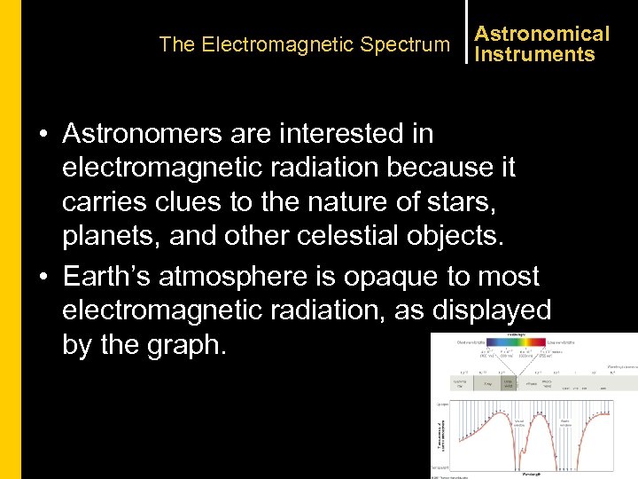 The Electromagnetic Spectrum Astronomical Instruments • Astronomers are interested in electromagnetic radiation because it