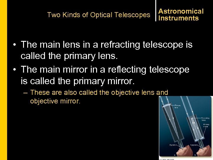 Two Kinds of Optical Telescopes Astronomical Instruments • The main lens in a refracting