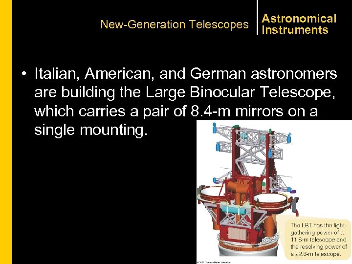 New-Generation Telescopes Astronomical Instruments • Italian, American, and German astronomers are building the Large