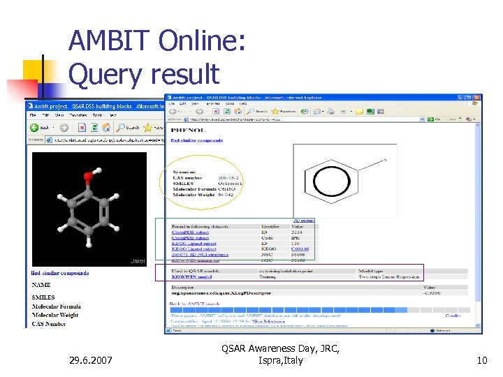 AMBIT Online: Query result 29. 6. 2007 QSAR Awareness Day, JRC, Ispra, Italy 10