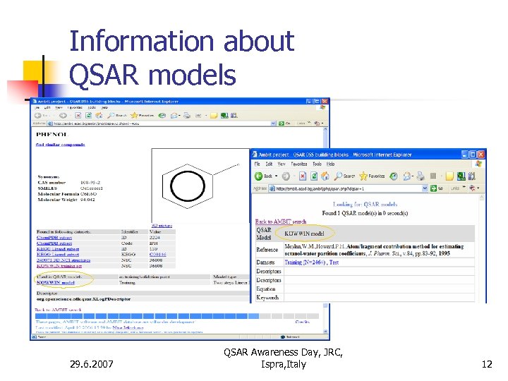 Information about QSAR models 29. 6. 2007 QSAR Awareness Day, JRC, Ispra, Italy 12