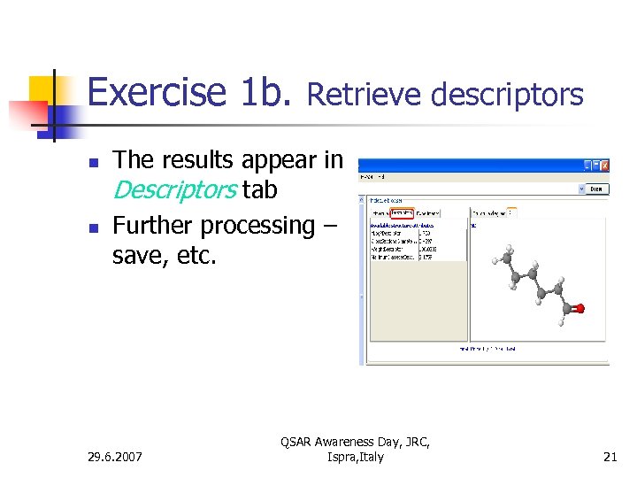 Exercise 1 b. Retrieve descriptors n n The results appear in Descriptors tab Further