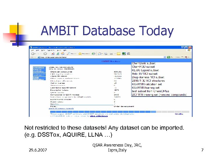 AMBIT Database Today Not restricted to these datasets! Any dataset can be imported. (e.