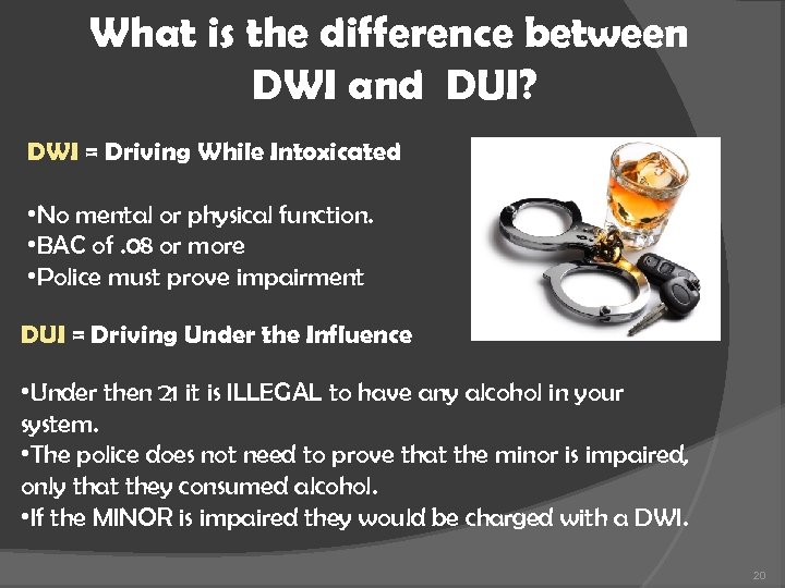 What is the difference between DWI and DUI? DWI = Driving While Intoxicated •