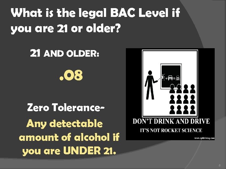 What is the legal BAC Level if you are 21 or older? 21 AND