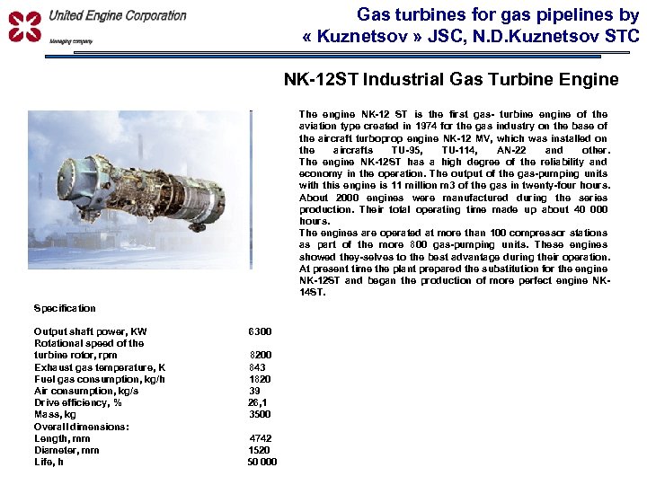 УПРАВЛЯЮЩАЯ КОМПАНИЯ Gas turbines for gas pipelines by « Kuznetsov » JSC, N. D.