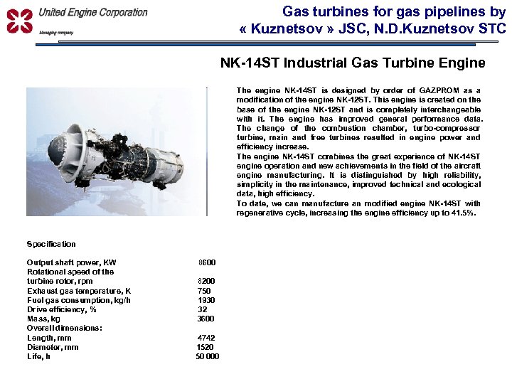 УПРАВЛЯЮЩАЯ КОМПАНИЯ Gas turbines for gas pipelines by « Kuznetsov » JSC, N. D.