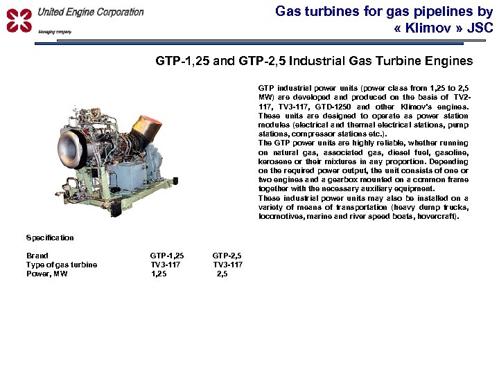 Gas turbines for gas pipelines by « Klimov » JSC УПРАВЛЯЮЩАЯ КОМПАНИЯ GTP-1, 25