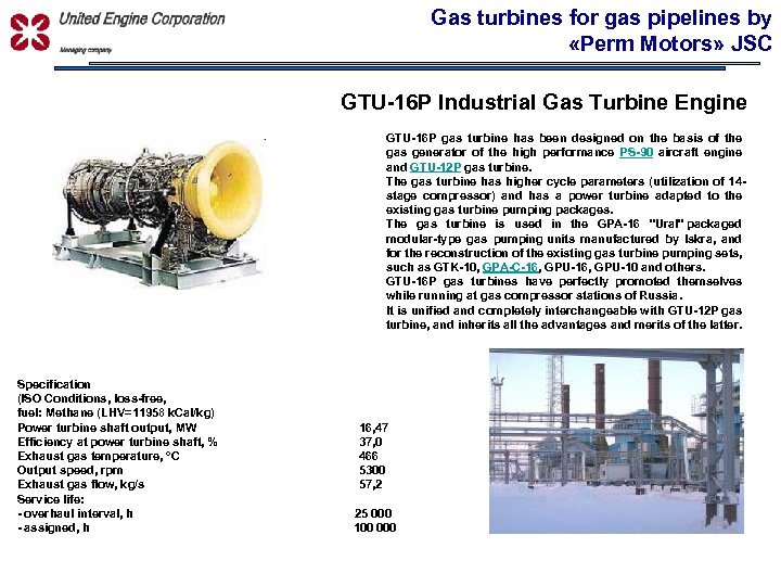 Gas turbines for gas pipelines by «Perm Motors» JSC УПРАВЛЯЮЩАЯ КОМПАНИЯ GTU-16 P Industrial