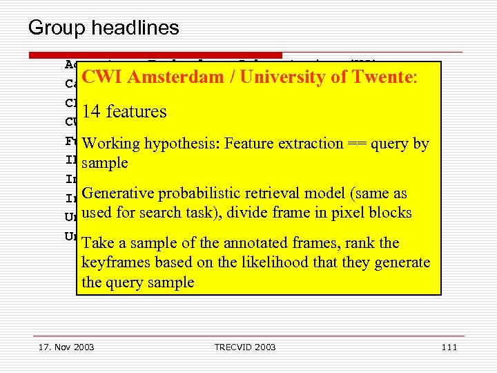  Group headlines Accenture Technology Laboratories (US) CWI Amsterdam / (US) Carnegie Mellon University