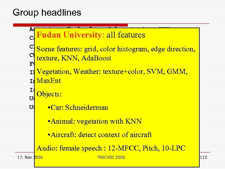  Group headlines Accenture Technology Laboratories (US) Fudan University: all features Carnegie Mellon Univ.