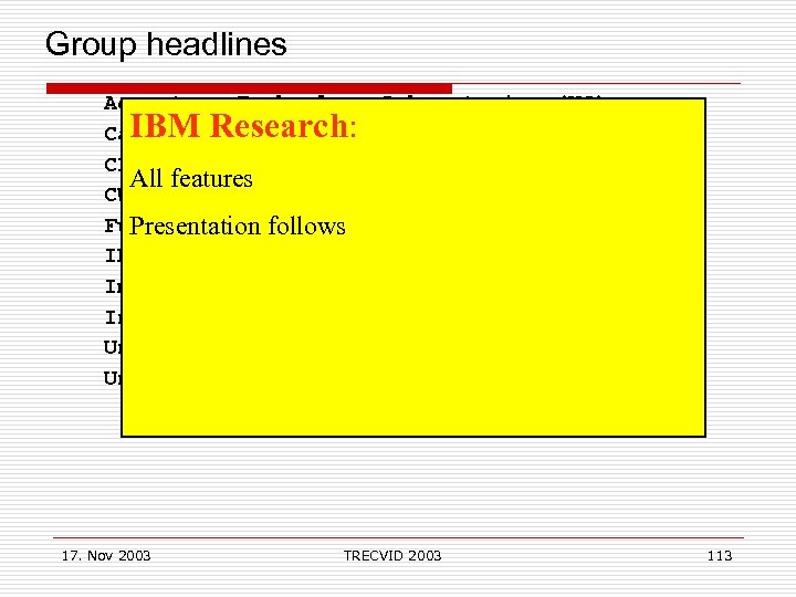  Group headlines Accenture Technology Laboratories (US) Carnegie Mellon Univ. (US) CLIPS-IMAG (FR) All