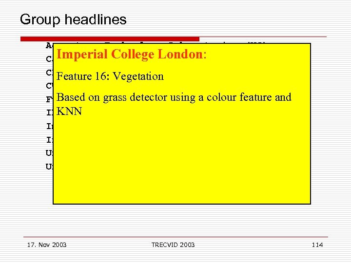  Group headlines Accenture Technology Laboratories (US) Imperial College London: Carnegie Mellon Univ. (US)
