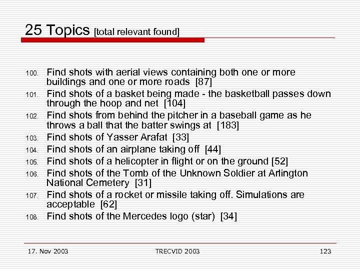 25 Topics [total relevant found] 100. 101. 102. 103. 104. 105. 106. 107. 108.