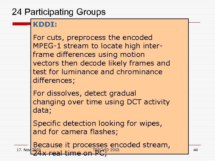  24 Participating Groups KDDI: Accenture Technology Laboratories (US) Carnegie Mellon Univ. (US) CLIPS-IMAG