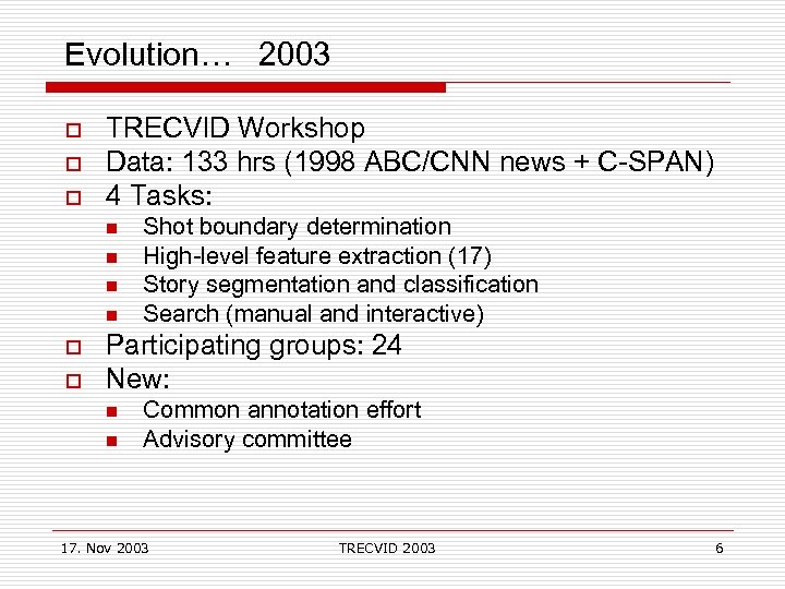 Evolution… 2003 o o o TRECVID Workshop Data: 133 hrs (1998 ABC/CNN news +