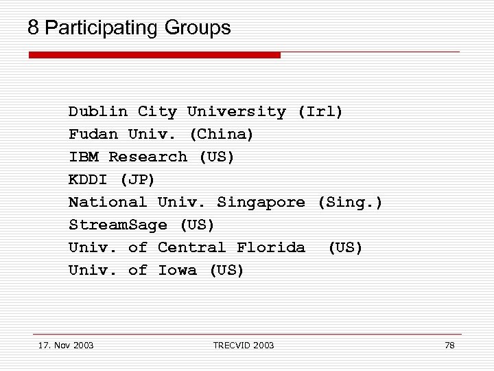  8 Participating Groups Dublin City University (Irl) Fudan Univ. (China) IBM Research (US)