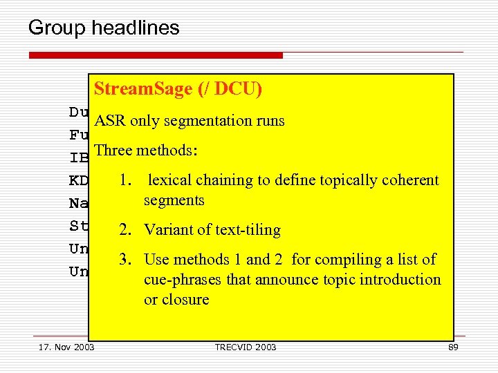  Group headlines Stream. Sage (/ DCU) Dublin City University (Irl) ASR only segmentation