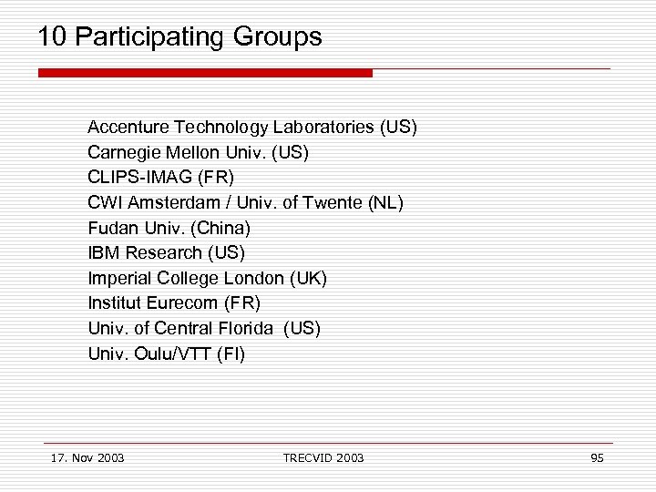  10 Participating Groups Accenture Technology Laboratories (US) Carnegie Mellon Univ. (US) CLIPS-IMAG (FR)