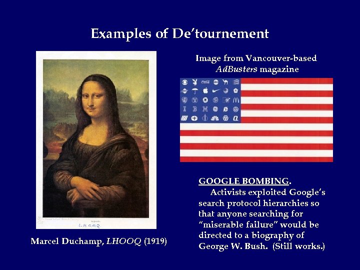 Examples of De’tournement Image from Vancouver-based Ad. Busters magazine Marcel Duchamp, LHOOQ (1919) GOOGLE