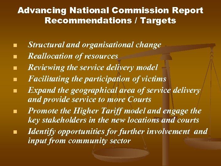 Advancing National Commission Report Recommendations / Targets n n n n Structural and organisational