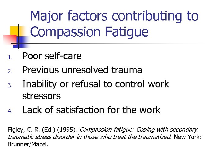 Major factors contributing to Compassion Fatigue 1. 2. 3. 4. Poor self-care Previous unresolved