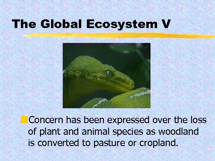 The Global Ecosystem V ¢Concern has been expressed over the loss of plant and