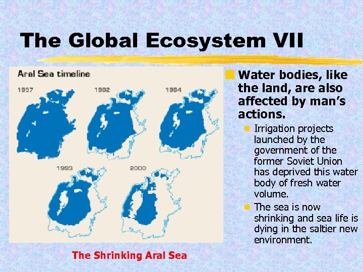 The Global Ecosystem VII ¢ Water bodies, like the land, are also affected by