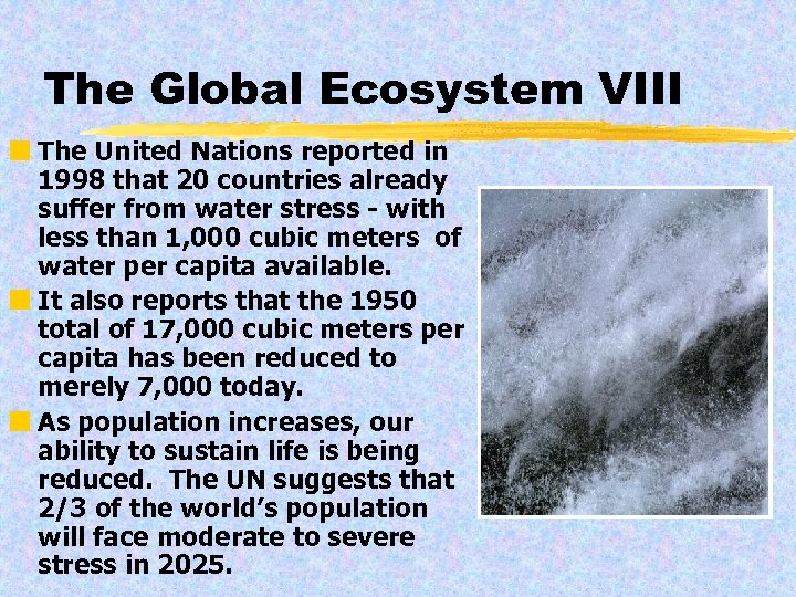 The Global Ecosystem VIII ¢ The United Nations reported in 1998 that 20 countries
