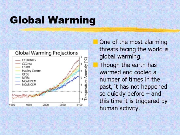 Global Warming ¢ One of the most alarming threats facing the world is global