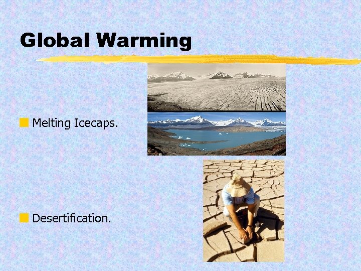 Global Warming ¢ Melting Icecaps. ¢ Desertification. 