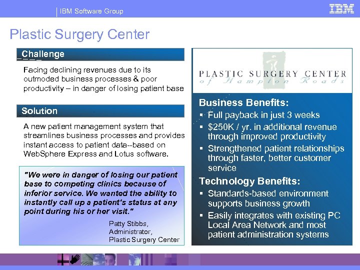 IBM Software Group Plastic Surgery Center Challenge Facing declining revenues due to its outmoded